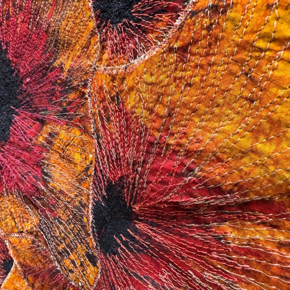 handmade tapestry Quilted Wall Hang Orange Floral Fiber Art Vase Flowers 3D